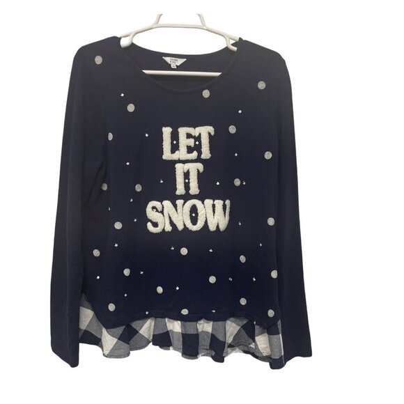 Crown & Ivy Womens Navy "Let It Snow" Long-Sleeve Sweater With Gingham Ruffle He - Picture 1 of 4